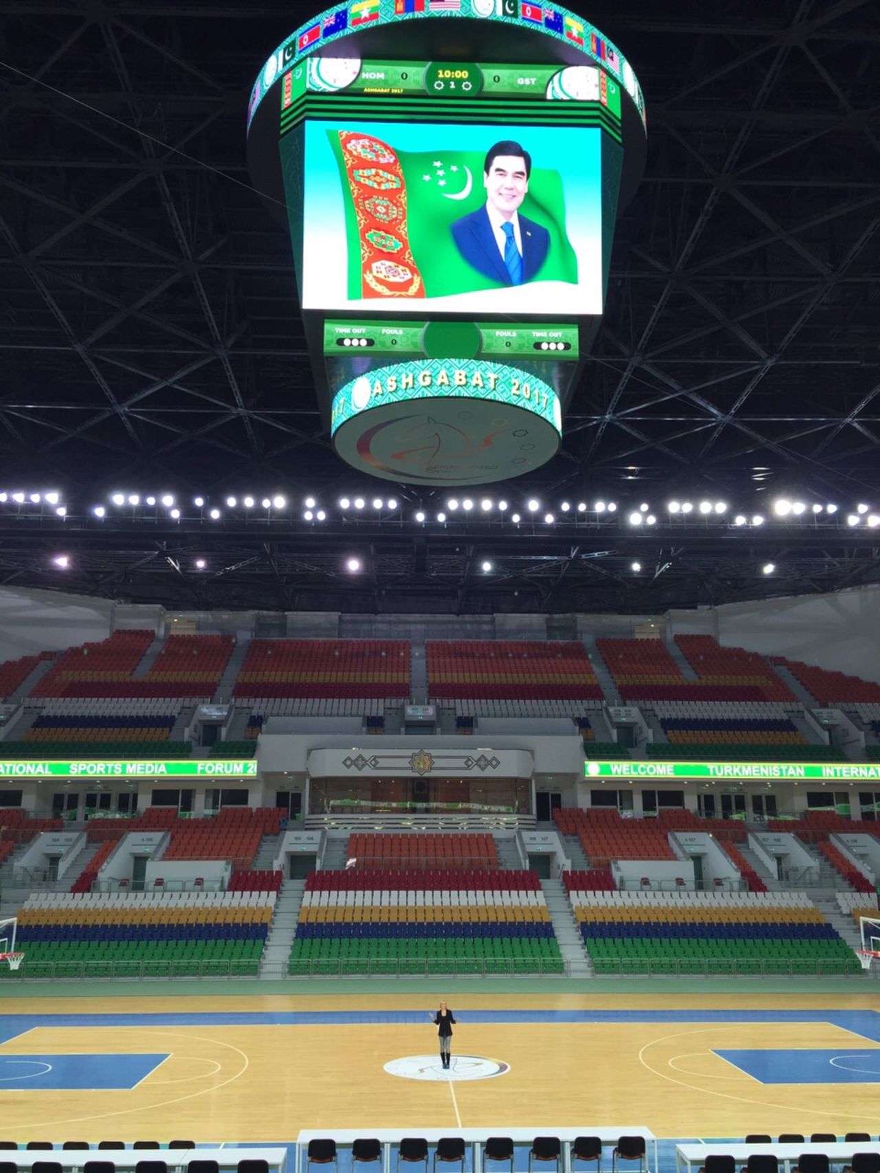 CNN's Amanda Davies is pictured inside the 20,000 capacity multipurpose Ashgabat Stadium. Since becoming president in 2006, Berdimyhamedov has heralded the importance of sport and the importance of a healthy nation.
