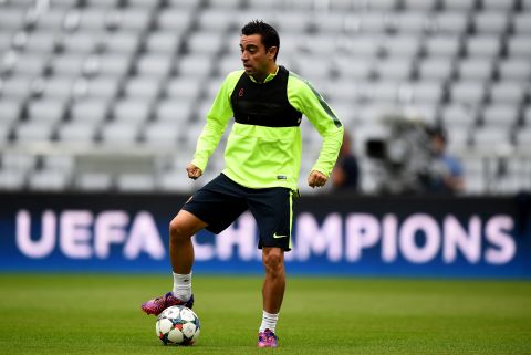 Xavi Hernandez trains before the second leg of Barcelona's Champions League win over Bayern Munich in May 2015.