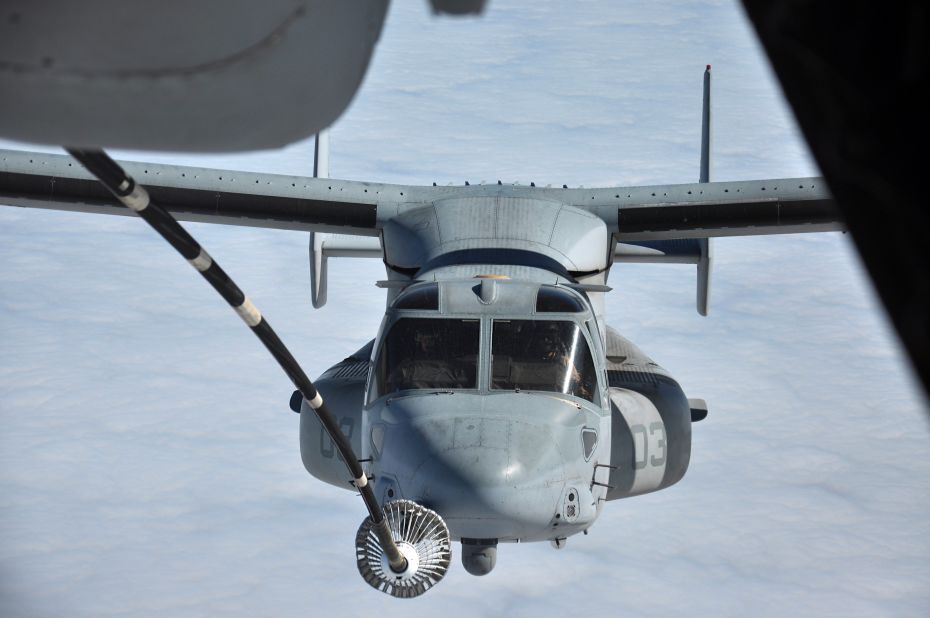 A Marine MV-22 Osprey makes contact with a KC-10 Extender tanker's drogue from Travis Air Force Base off the coast of San Francisco at 10,000 feet in October 2014.