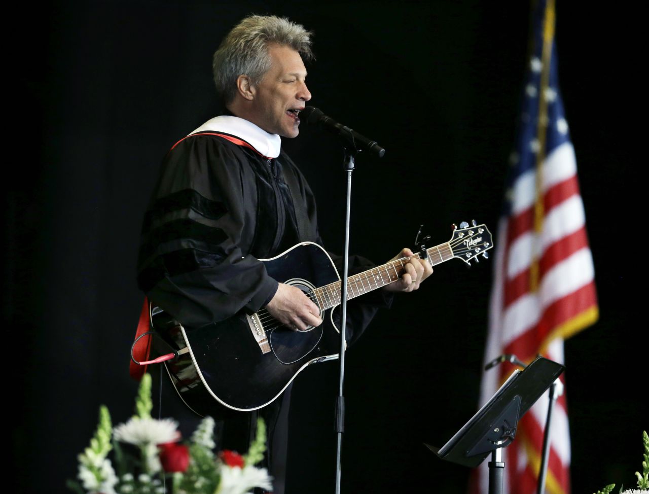 Rock star and philanthropist Jon Bon Jovi performs a new song during graduation ceremonies at Rutgers University on May 21. 