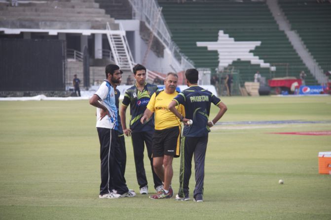 Pakistani cricket team members attend a practice session.