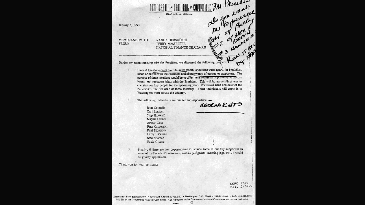On February 25, 1997, the Clinton administration released the names of 800-plus people who stayed overnight in the Lincoln Bedroom of the White House. Bill Clinton defended the practice of inviting friends and supporters to stay overnight. The White House also released several hundred pages of documents, such as this one. with his handwritten notes from Clinton enthusiastically supporting the idea. President Bill Clinton's guests in the Lincoln Bedroom gave a total of at least $5.4 million to the Democratic National Committee during 1995 and 1996, according to a study for CNN by the Campaign Study Group.