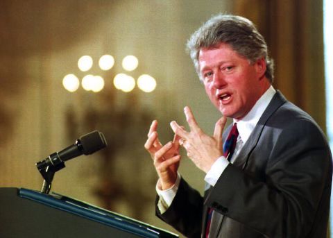 President Bill Clinton speaks to a group of business leaders from the East Room of the White House on February 11, 1993. Months later, seven White House staffers were fired in a Clinton scandal dubbed "travelgate." Two years later, a Republican-led House committee approved a report concluding that the Clintons condoned the firing of staffers on the urging of Hollywood producer and big-time Clinton donor, Harry Thomason.<br />