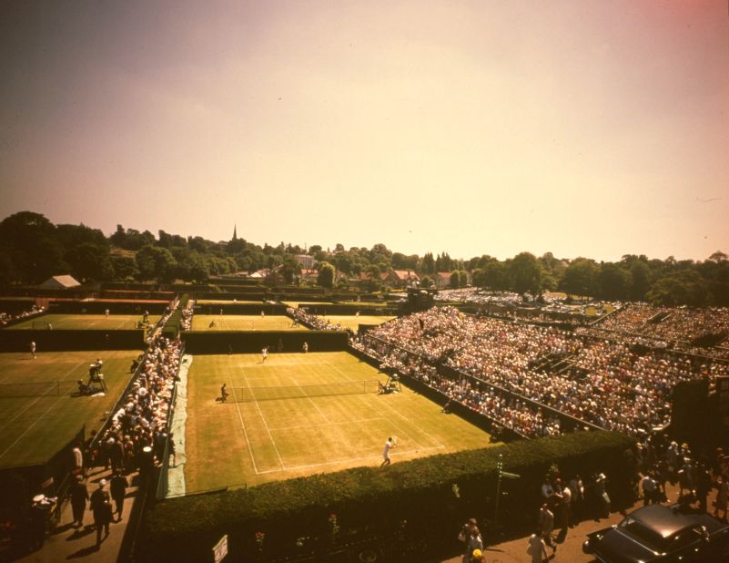 An aerial view of the outer courts at Wimbledon in the 1960s.