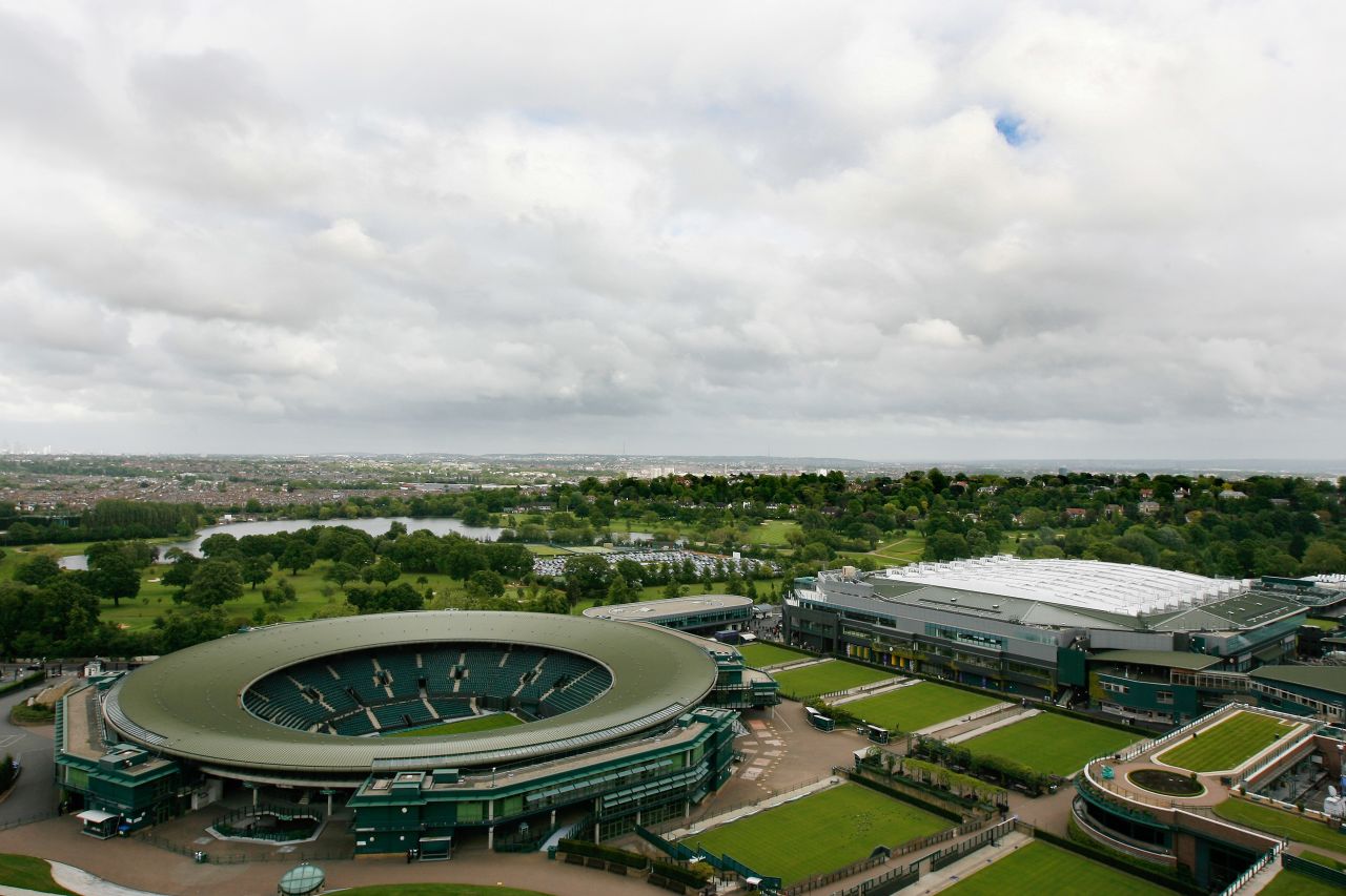 A general view of the Wimbledon complex shows the Centre Court (far right) with its roof closed.