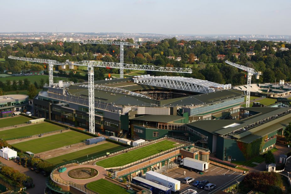 A general view of Wimbledon shows the new roof on Centre Court being constructed in 2008.