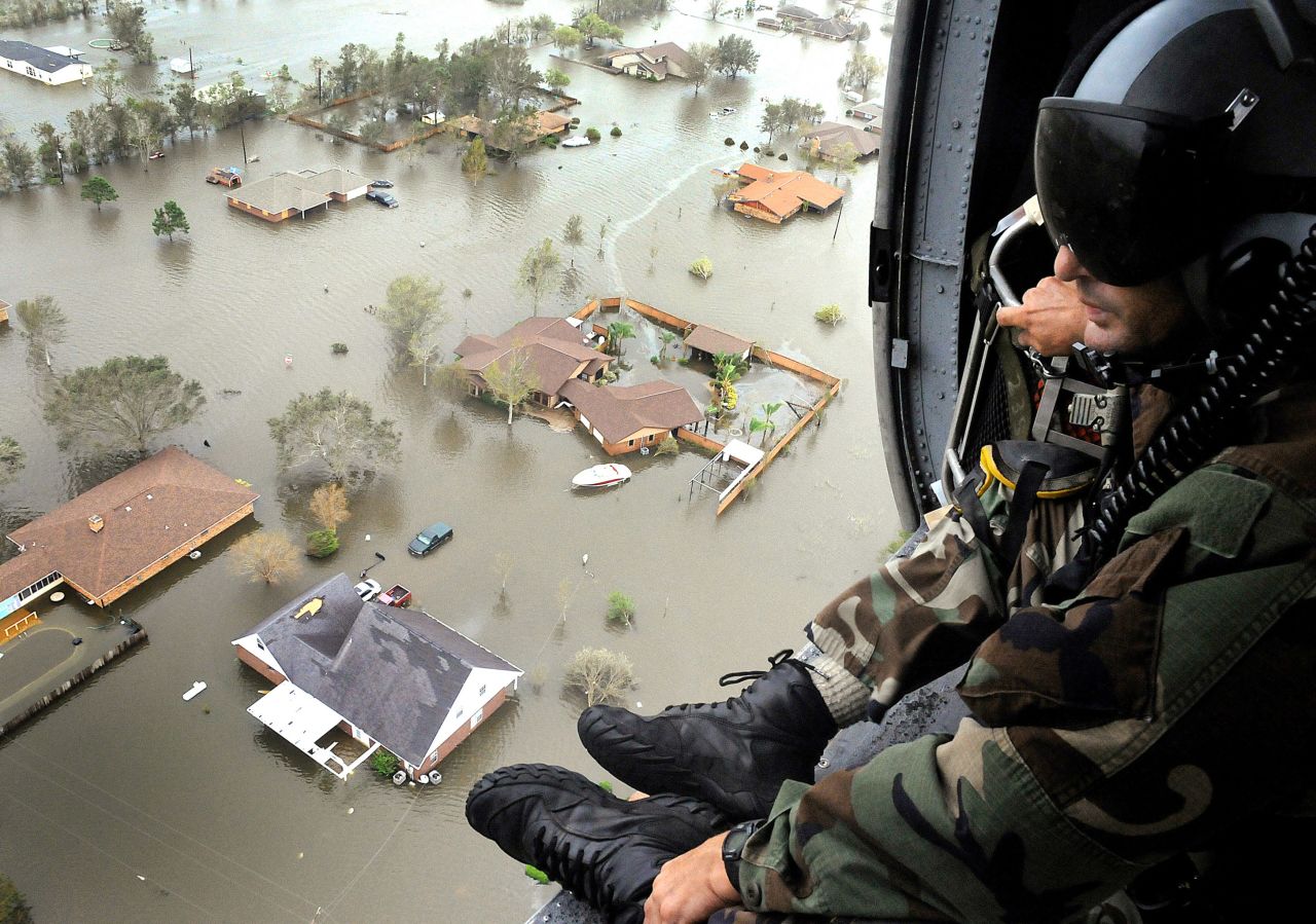 <strong>Ike, 2008</strong>: After killing scores in the Caribbean, Ike turned to Texas, sending storm surges that leveled homes on Galveston Island. It's remnants did extensive damage as far north as Ohio, where 2.6 million people lost power. Here, an Air Force Reserve pararescueman scans the ravaged Texas landscape shortly after Ike. 