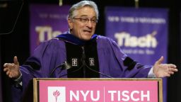 Actor Robert De Niro addresses the class of 2015, faculty, and guests during  New York University's Tisch School of the Arts commencement  ceremony,  Friday, May 22, 2015, in New York. De Niro, who quit high school to pursue an acting career, was the honored speaker at the raucous ceremony for 1,200 graduates at The Theater at Madison Square Garden.