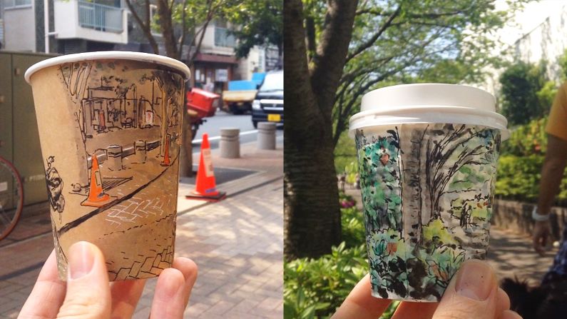 Tokyo-based illustrator Adrian Hogan's sketches of Japanese street scenes on the sides of disposal coffee cups have become an Internet sensation. His popularity surged when he began posting Instagram videos (see below) of his coffee art. They show him rotating an illustrated cup to match the view in the background.
