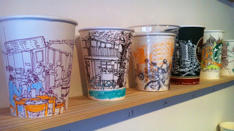 Hogan credits the idea to his illustrator friend Mariya Suzuki, who held an exhibition called "Coffee People," documenting cafe life. She invited other artists to draw on coffee cups for the show.