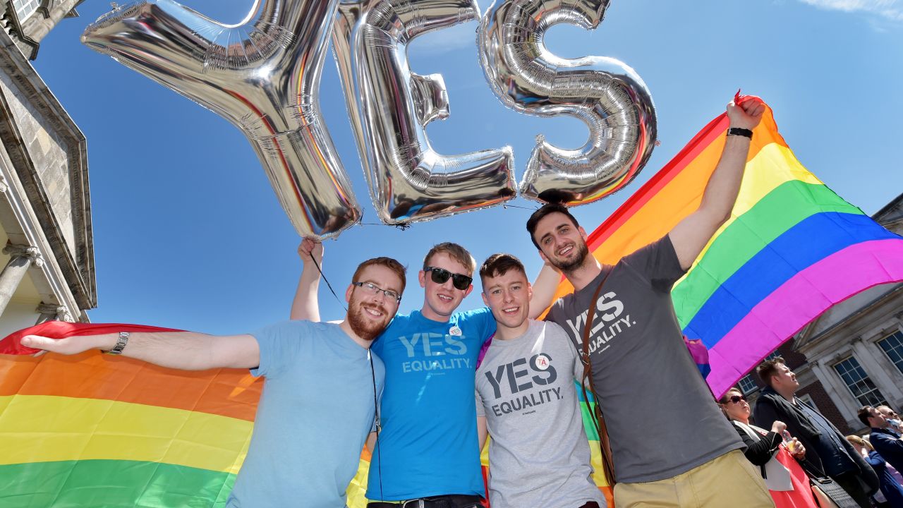 Supporters in favor of same-sex marriage pose for a photograph as thousands gather in Dublin Castle square awaiting the referendum's outcome on May 23.