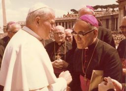 Archbishop Oscar Romero with Pope John Paul II in an undated photo