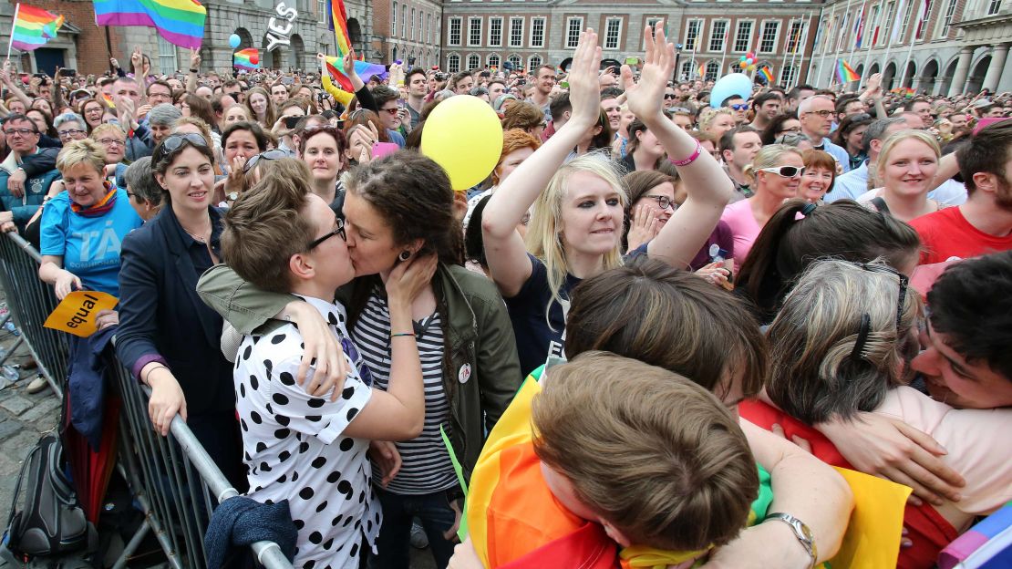 Almost two decades after homosexual acts were decriminalised in Ireland, supporters celebrate the same-sex marriage referendum in Dublin. 