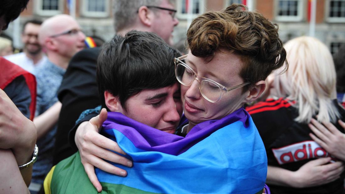 Irish Deputy Prime Minister (or Tanaiste) Joan Burton said the anticipated "yes" vote was Ireland's "rainbow moment."  Above, savoring the moment in Dublin.