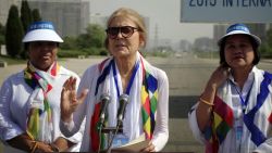 U.S. activist Gloria Steinem, center, delivers a speech at the Three Charters for National Reunification Memorial Tower, Saturday, May 23, 2015, in Pyongyang, North Korea, ahead of their march across the Demilitarized Zone that they hope will bring world attention to calls for a resolution to tensions on the Korean Peninsula. (AP Photo/Jon Chol Jin)