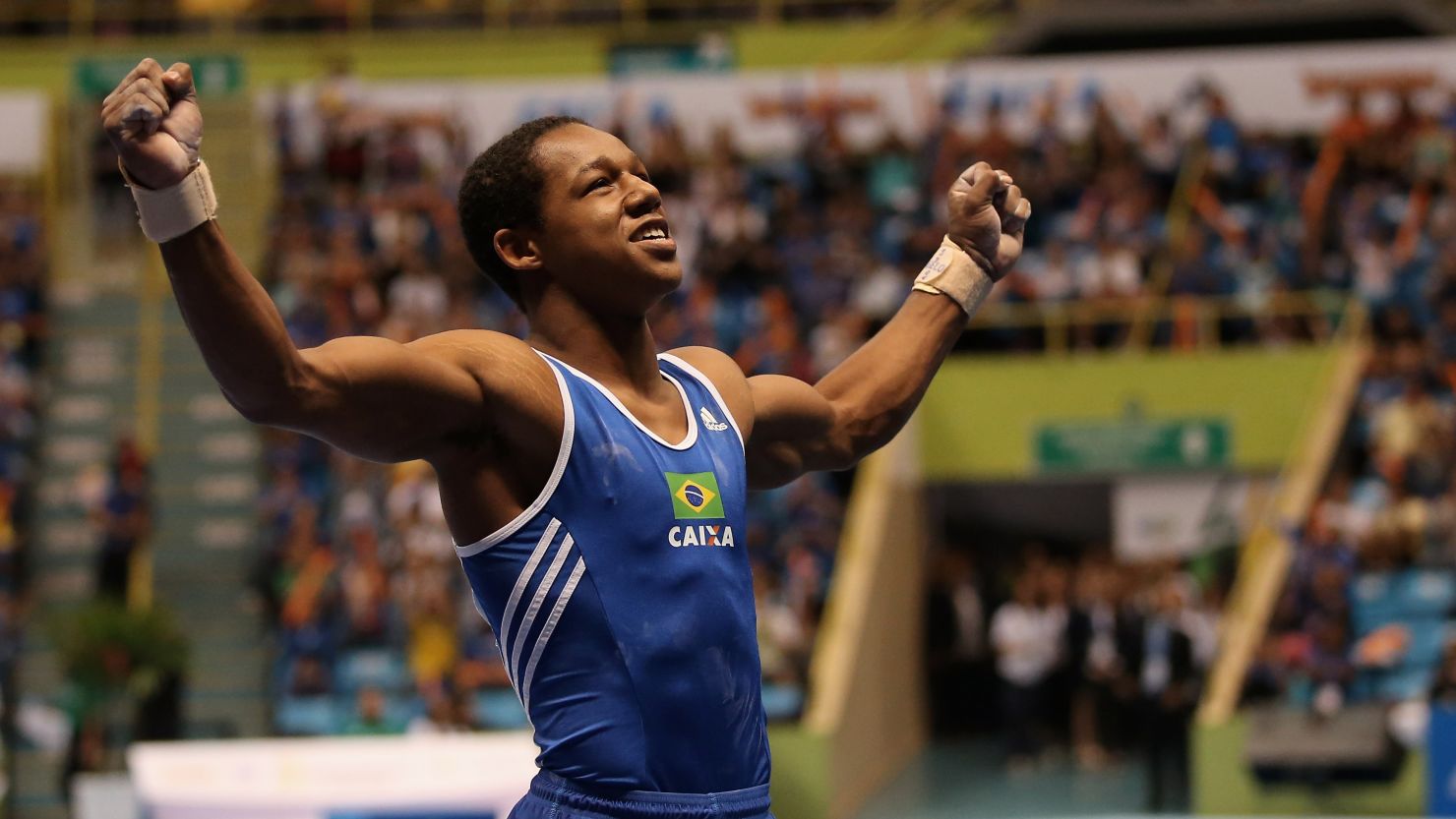 Angelo Assumpcao of Brazil celebrates during day one of the Gymnastics World Challenge Cup Brazil 2015 at Ibirapuera Gymnasium on May 2, 2015.