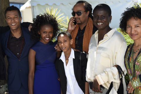 Ethiopian director Yared Zeleke,actors Kidist Siyum and  Rediat Amare and producer Ama Ampadu (second right), pose with cast members from the film "Lamb" -- Ethiopia's first ever entry into the Cannes competition.