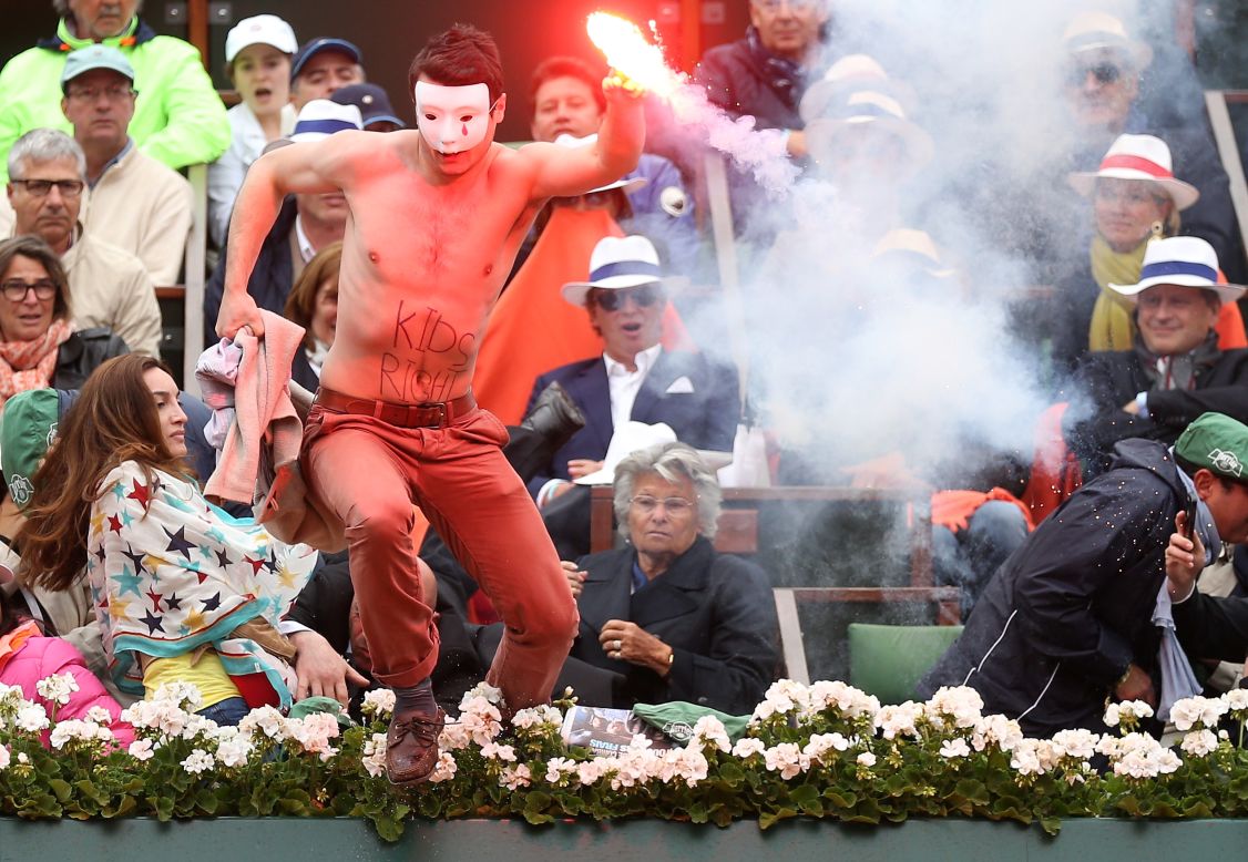 There was also a protest before the 2013 French Open men's final, as a man ran onto center court with a lit flare.