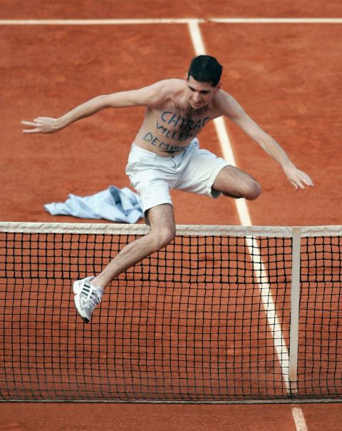 At the 2005 French Open, a protester jumped over the center court net during the quarterfinal match between Mary Pierce and Lindsay Davenport.