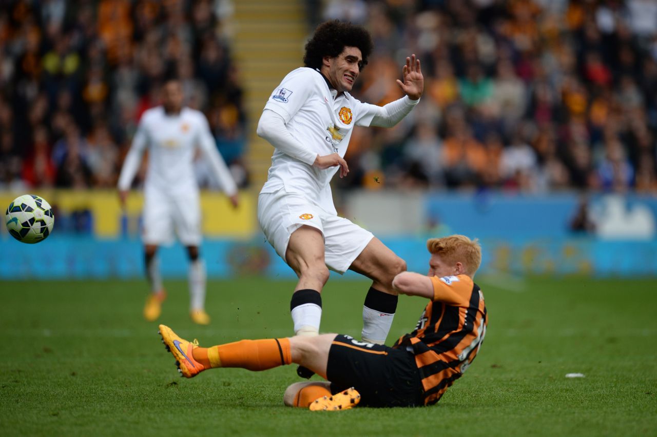 Manchester United will play in the qualifying rounds after finishing fourth following a 0-0 draw which relegated Hull. Substitute Marouane Fellaini was sent off in the second half for this foul on Hull's former United defender Paul McShane.