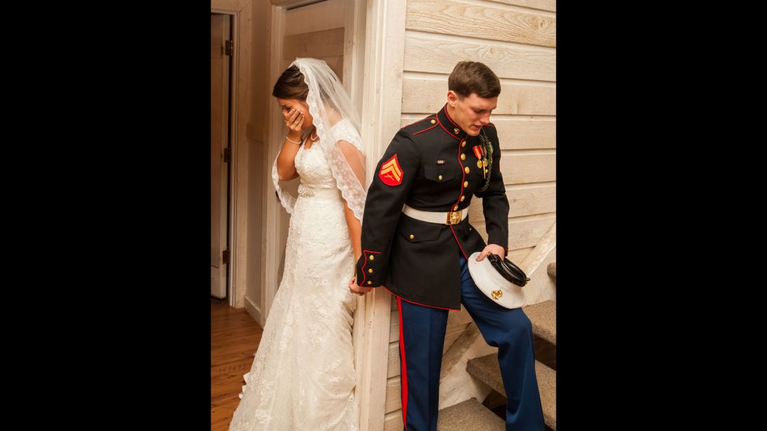 Marine Corps Cpl. Caleb Earwood and his bride, Maggie, before their wedding in Asheville, North Carolina.