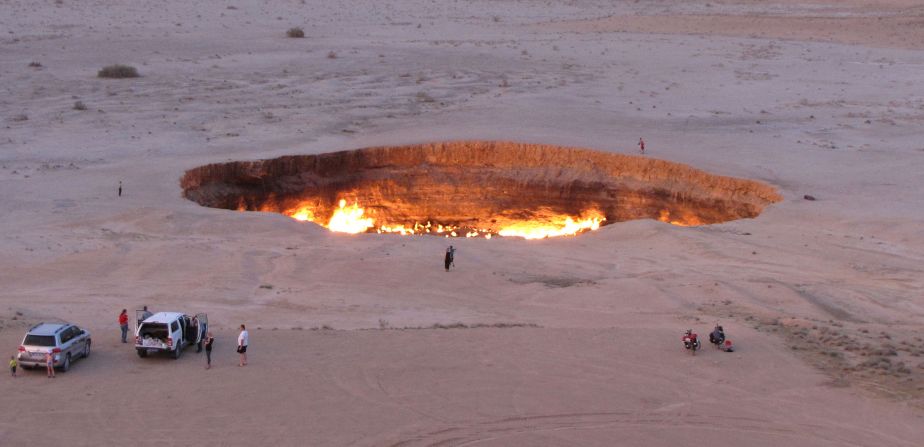 Welcome to "The Gateway to Hell." This huge burning gas crater in the heart of Turkmenistan's Karakum desert was the result of a simple miscalculation by Soviet scientists in 1971. After their boring equipment drilled into an underground cavern, a deep sinkhole formed. The scientists took the decision to set the pit alight, thinking that the gas would burn out quickly but it never has.