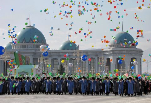 People release balloons during a military parade marking Turkmenistan's Independence Day in Ashgabat in 2012.