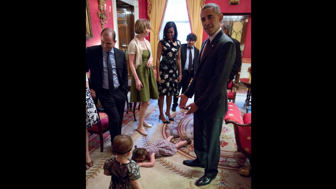 Obama reacts to Claudia Moser, journalist Laura Moser's daughter, who <a href="http://www.cnn.com/2015/05/25/politics/president-obama-trantrum-kid-photo/">threw a tantrum at the White House</a> while attending Passover dinner in April.