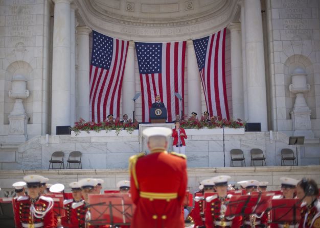 President Barack Obama speaks at Arlington National Cemetery on May 25. Playing just below Obama are members of "The President's Own" United States Marine Band.