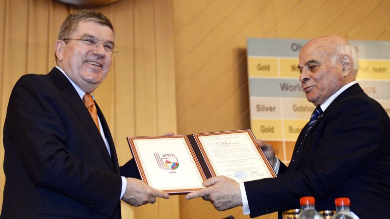 Azerbaijan wants to use events like the European Games to rub shoulders with the world's most influential people. Here is International Olympic Committee President Thomas Bach, left, with a top Azeri sports official in late 2014.