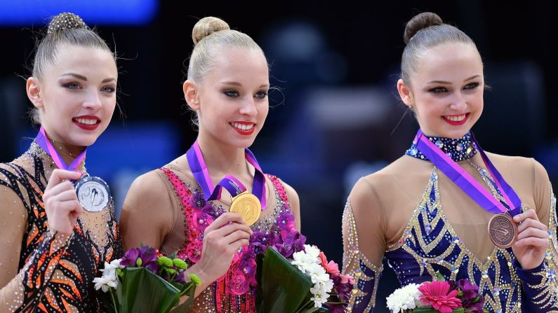Marina Durunda, right, is an example of an imported gymnastics talent. Born in Ukraine, she grew up in Cyprus and won European bronze in the ribbon event this year competing for her adopted Azerbaijan.