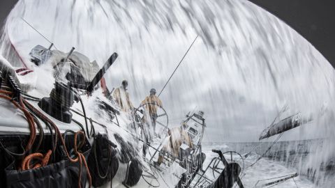 Water from the Atlantic Ocean sprays into the boat of Abu Dhabi Ocean Racing on Friday, May 22, during the seventh leg of the Volvo Ocean Race. 