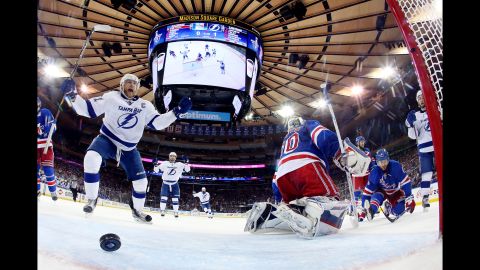 Tampa Bay captain Steven Stamkos celebrates after scoring a power-play goal in New York on Sunday, May 24. Stamkos and the Lightning defeated the Rangers 2-0 to take a 3-2 lead in the NHL's Eastern Conference Finals.