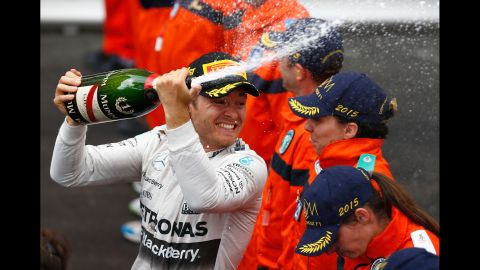 Formula One driver Nico Robserg sprays champagne after winning the Monaco Grand Prix on Sunday, May 24. It was the third year in a row that he won the race.