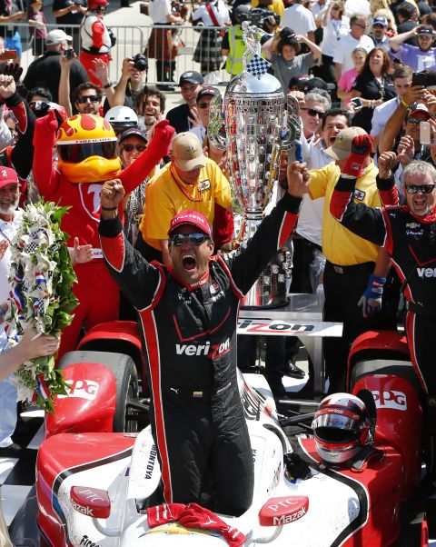 Juan Pablo Montoya celebrates after he won the Indianapolis 500 on Sunday, May 24. Montoya also won the famous race when he was a rookie in 2000.