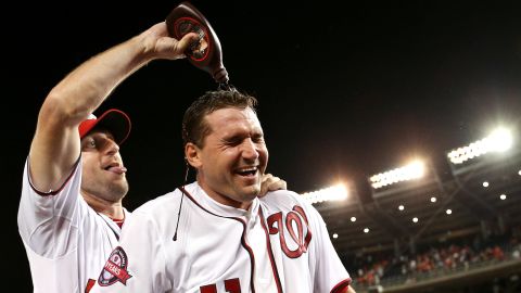 In what has become a signature celebration for the Washington Nationals, Max Scherzer douses Ryan Zimmerman with chocolate sauce after Zimmerman's walk-off home run gave the Nationals an 8-6 victory over the New York Yankees on Tuesday, May 19. 