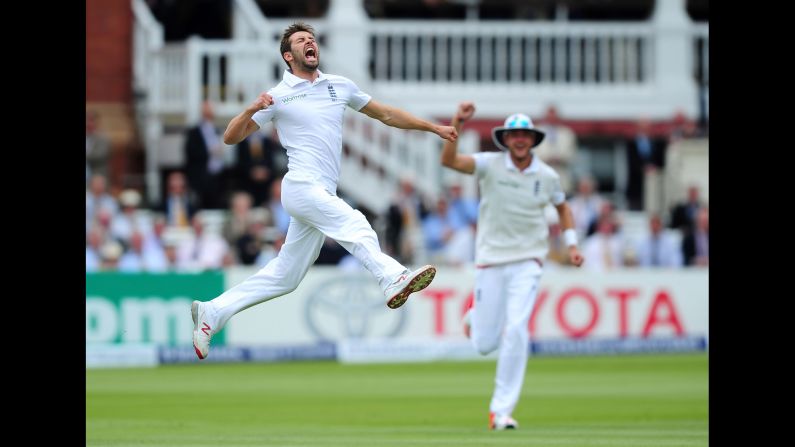 England's Mark Wood celebrates taking the wicket of New Zealand's Martin Guptill only to be denied because of a no ball Friday, May 22, in London.