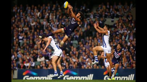 Zac Clarke of the Fremantle Dockers catches the ball Saturday, May 23, during an Australian Football League match in Perth, Australia.