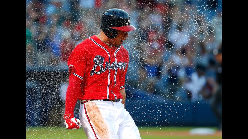Atlanta Braves rookie Jace Peterson reacts after his game-winning hit against Milwaukee on Saturday, May 23. "It was great man, it was probably one of the (most) fun times I've ever had playing baseball," <a href="index.php?page=&url=http%3A%2F%2Fm.braves.mlb.com%2Fnews%2Farticle%2F126250424%2Fbraves-jace-peterson-notches-first-walk-off-hit" target="_blank" target="_blank">Peterson said.</a> "It was awesome, (my teammates threw) dirt all over me and water, I mean just celebrating. Really, it was awesome." 