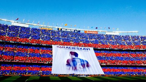 FC Barcelona fans pay tribute to Xavi, thanking the midfielder for 17 years of service, before the Spanish club's final league match of the season on Saturday, May 23. During his Barcelona career, Xavi won eight league titles and three Champions League titles.