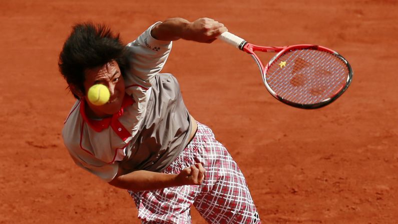 Yoshihito Nishioka serves during his first-round match at the French Open on Monday, May 25.
