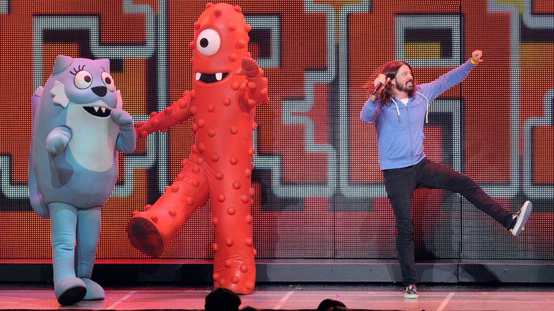 Grohl performs with members of "Yo Gabba Gabba!" a children's television show, in Los Angeles in 2010.