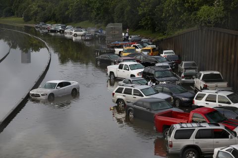 Vehicles in Houston are stranded on Interstate 45 on May 26.