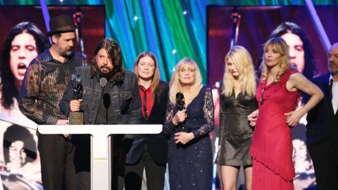 Dave Grohl speaks at the 2014 Rock and Roll Hall of Fame Induction Ceremony after Nirvana was inducted.