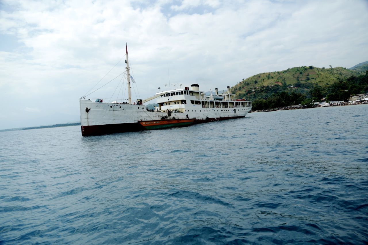 The MV Liemba sits just off the shore of Kagunga ahead of its next voyage. The World War I-era gunship is now the workhorse of the U.N.'s efforts to move refugees into Tanzania.