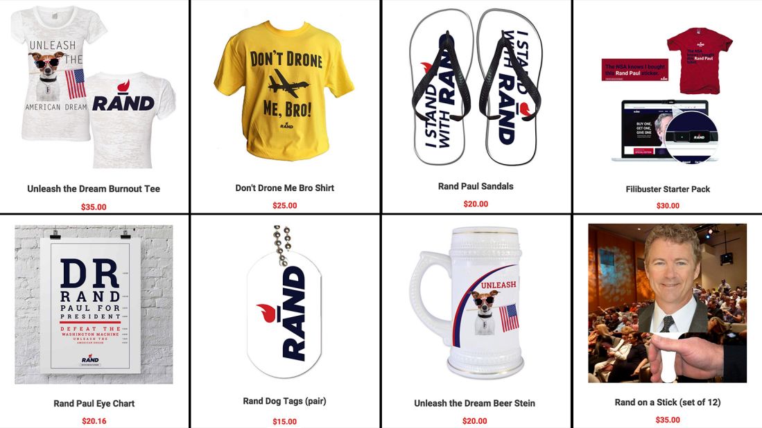 Rand Paul's merchandise for sale includes a "filibuster starter pack" and "Rand on a Stick."