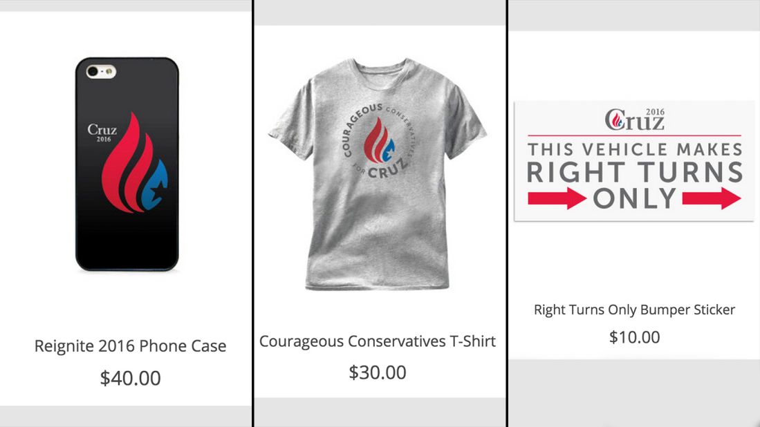 Ted Cruz's merchandise features a car bumper sticker that says "This vehicle makes right turns only."