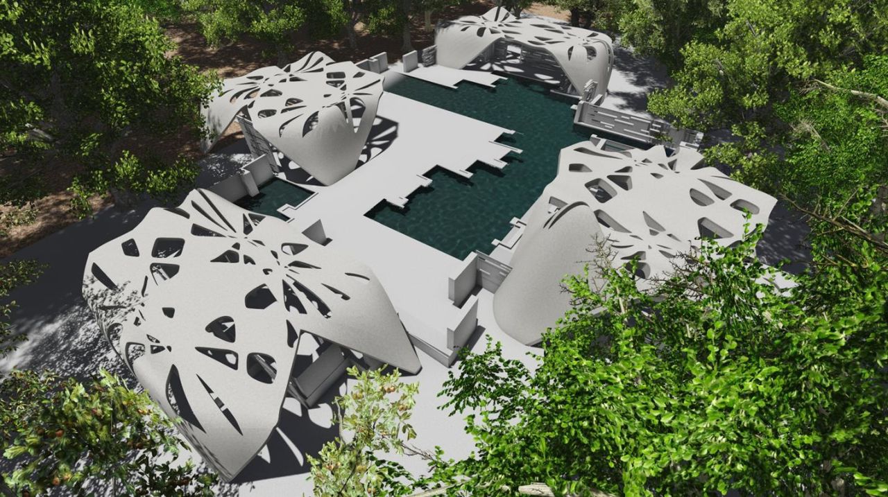 An artists rendering of a 3D-printed estate which is set to be built by architect Adam Kushner in conjunction with 3D-printing firm D-Shape.