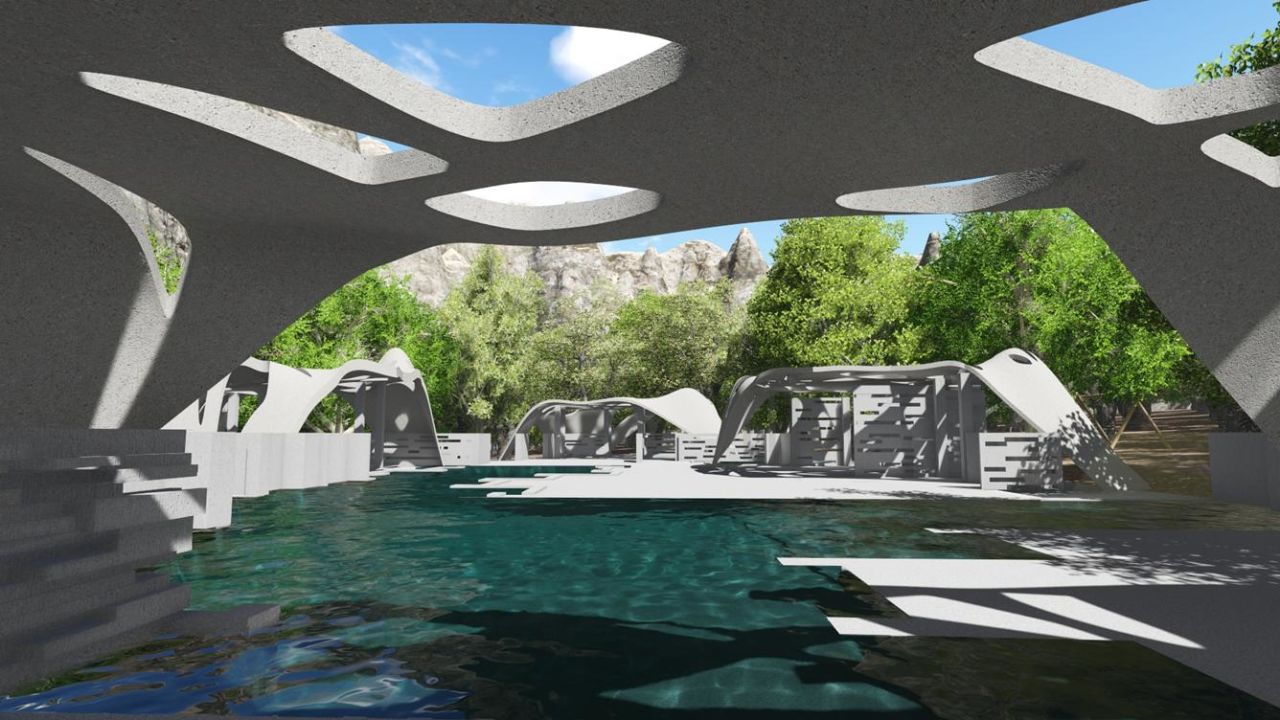 An artists rendering of the pool house which will be 3D printed by D-Shape.