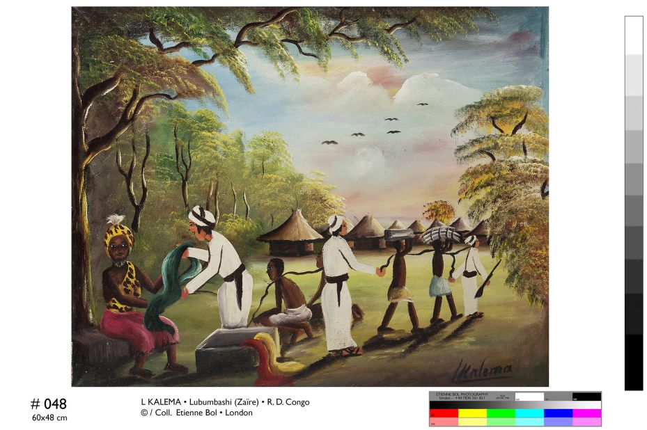 This painting narrates the arrival of European explorers, starting with the Portuguese in 1487. This period was marked by slavery and forced labor and the paintings keep the memories alive.<br /><em>Untitled by Kalema. 47 x 65.5cm, Acrylic on canvas. </em>